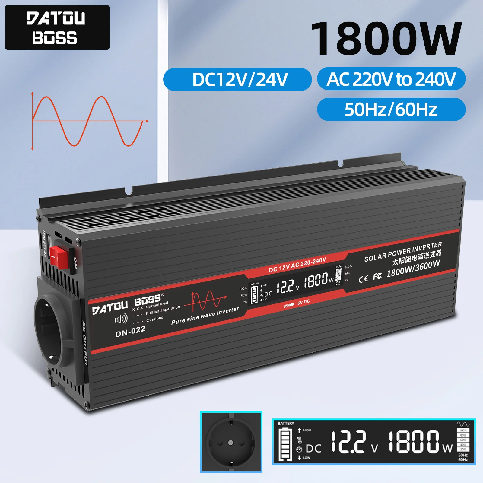 

DATOUBOSS Inverter 1800W Pure Sine Wave Converter DC12V/24V-AC230V Off Grid Voltage Transformer Multi-Sockets Converter