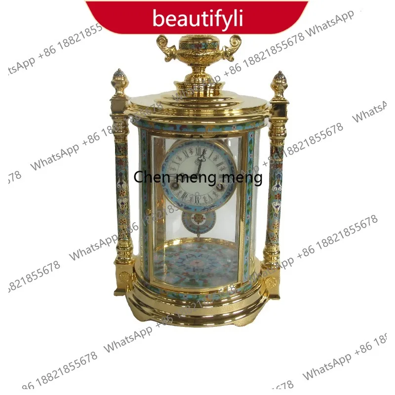 Pavilion Antique French 15-Day Brass Floral Color Decoration Thai Blue Enamel Table/Desk Clock Key Winding a55