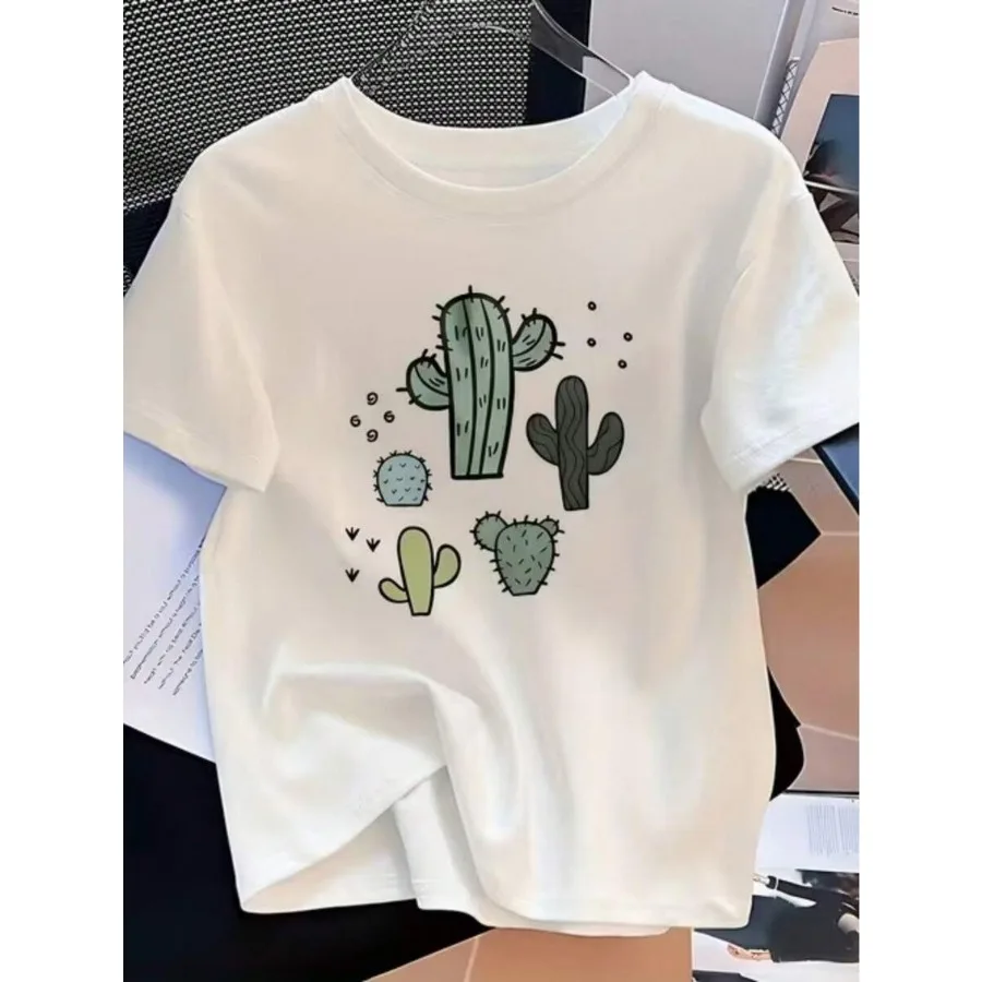 

【New Arrival】Cactus Doodle Art Graphic T-Shirt White Crew Neck Casual Top