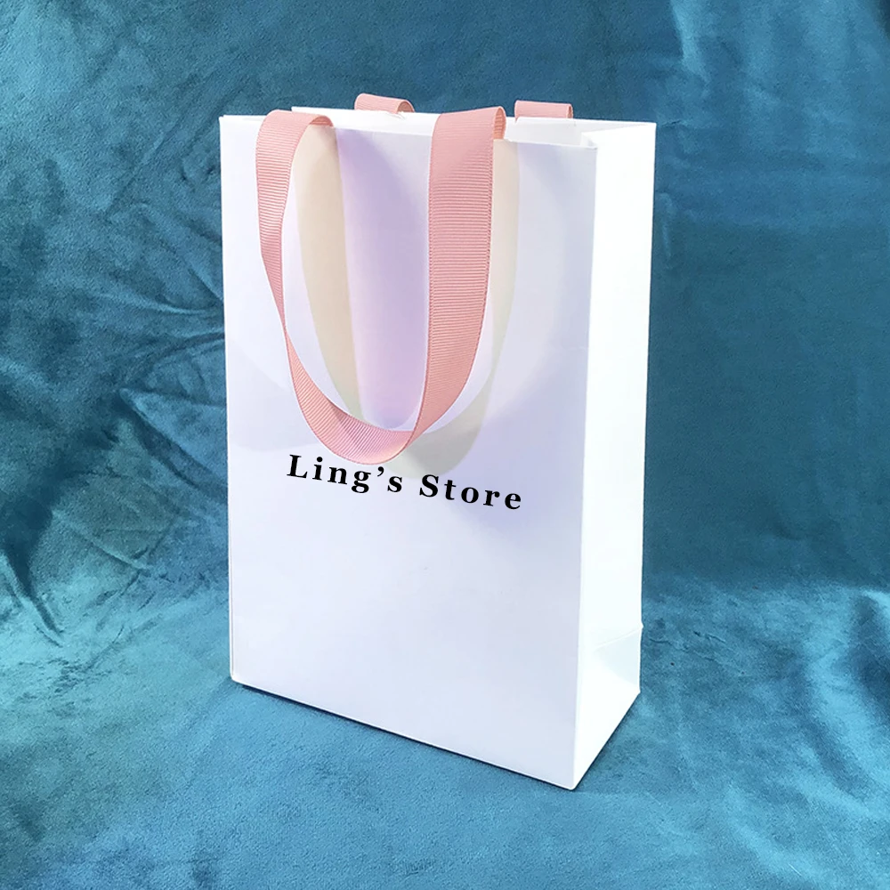 Custom Logo 15x6.5x22cm White Paper Tote Bag Grosgrain Ribbon Handle Shopping Pouches Travel Wedding Gift Organizer Perfume Sack