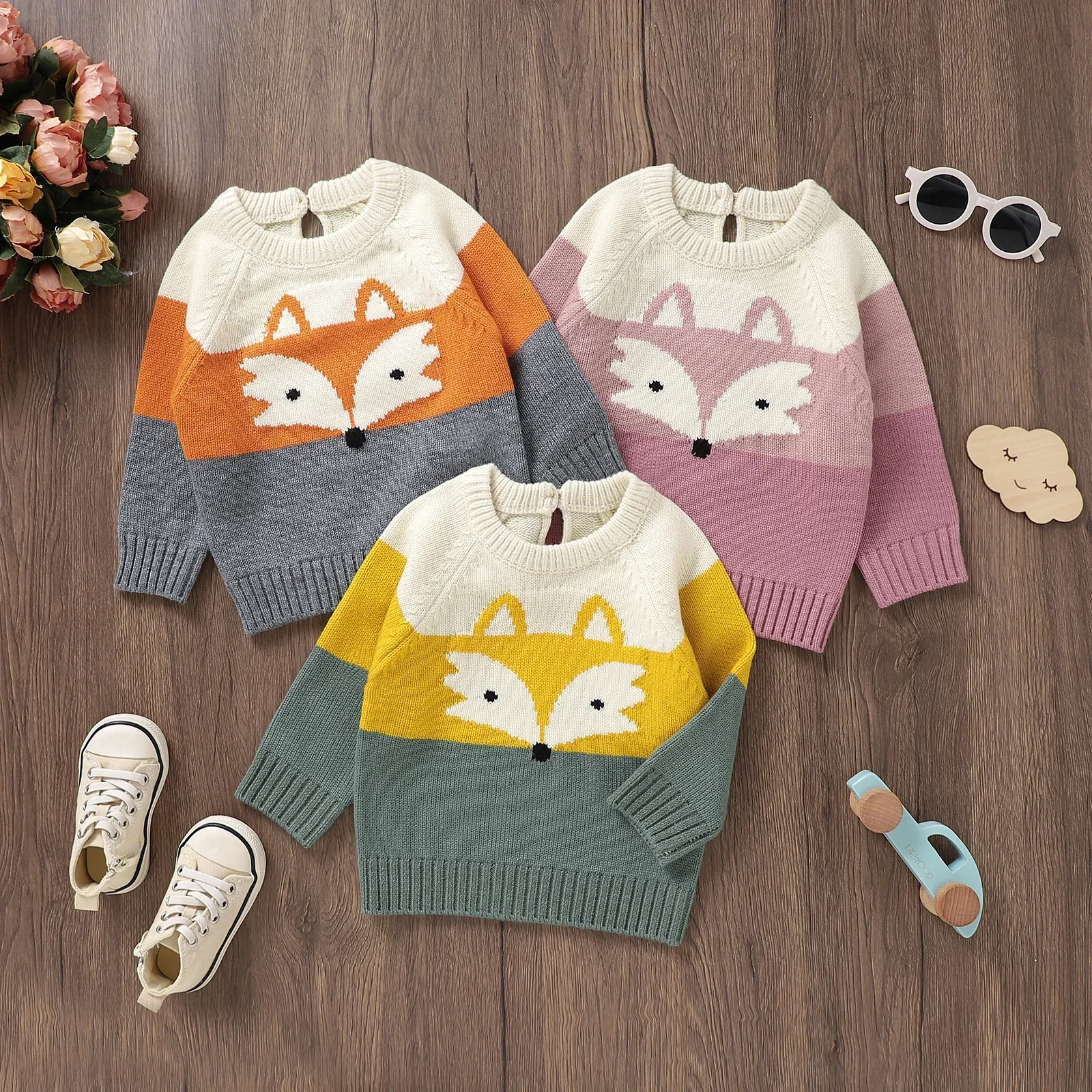 Cute Baby Knitted Sweaters Jumpers Autum Winter Little Girls Boys Clothes Long Sleeve Fox Print Pullover Tops Toddler Outerwear