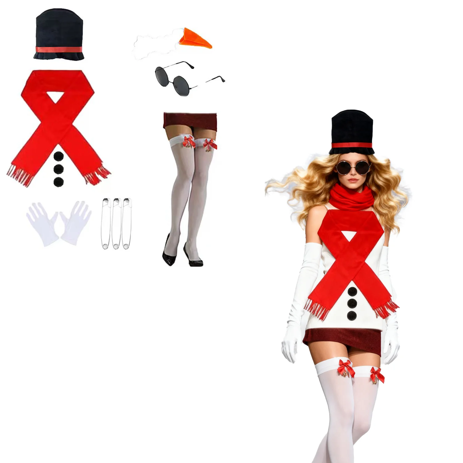 PESENAR Adult Kid Snowman Christmas Costume Kit, Snowman Hat Carrot Nose Scarf White 5 Layers Tutu Skirt 3 Balls