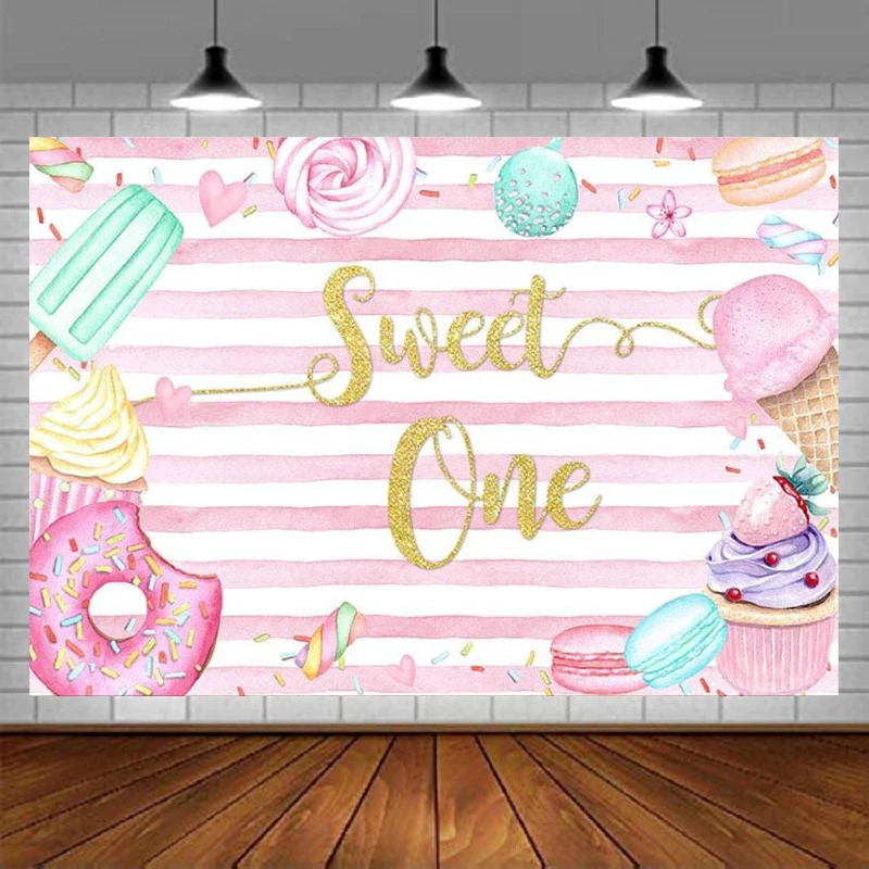 

Пончик Sweet One фон для фотосъемки розовые и белые полосы девушка первый день рождения рост мороженое десерт декор стола фон