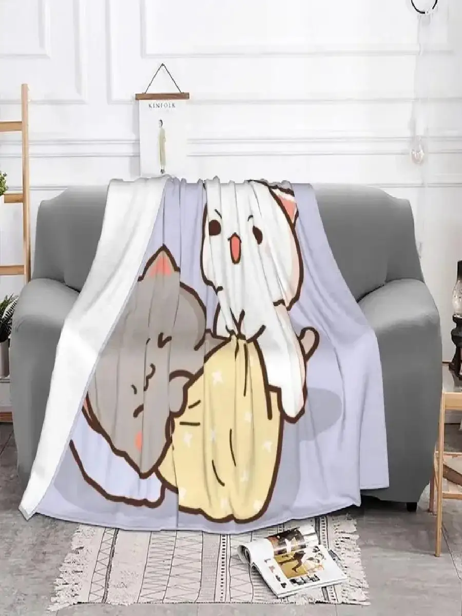 Peach Goma Mochi Cat Print Fleece Throw Blanket for Bed Sofa Outdoor Use Soft Warm Flannel Spring Blankets