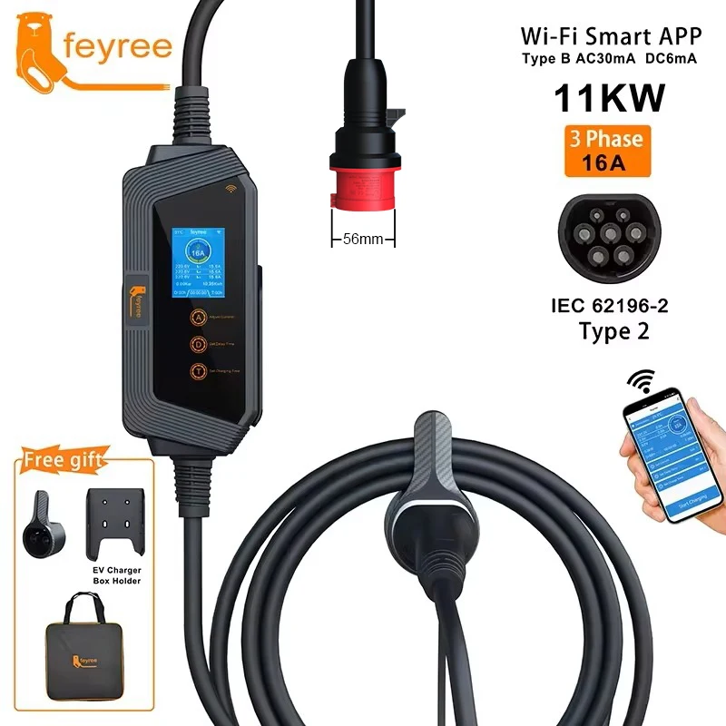 feyree Type2 Cable Portable EV Charger 11KW 16A 3P Car Charger Wi-Fi APP Control EVSE Charging Box CEE Plug for Electric Vehicle