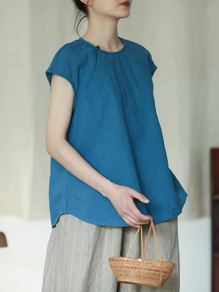 

Chinese Sle Cotton Linen ort Sve Women's irt Summer Artistic Simple Loose Flng Sve Linen Overhead Top