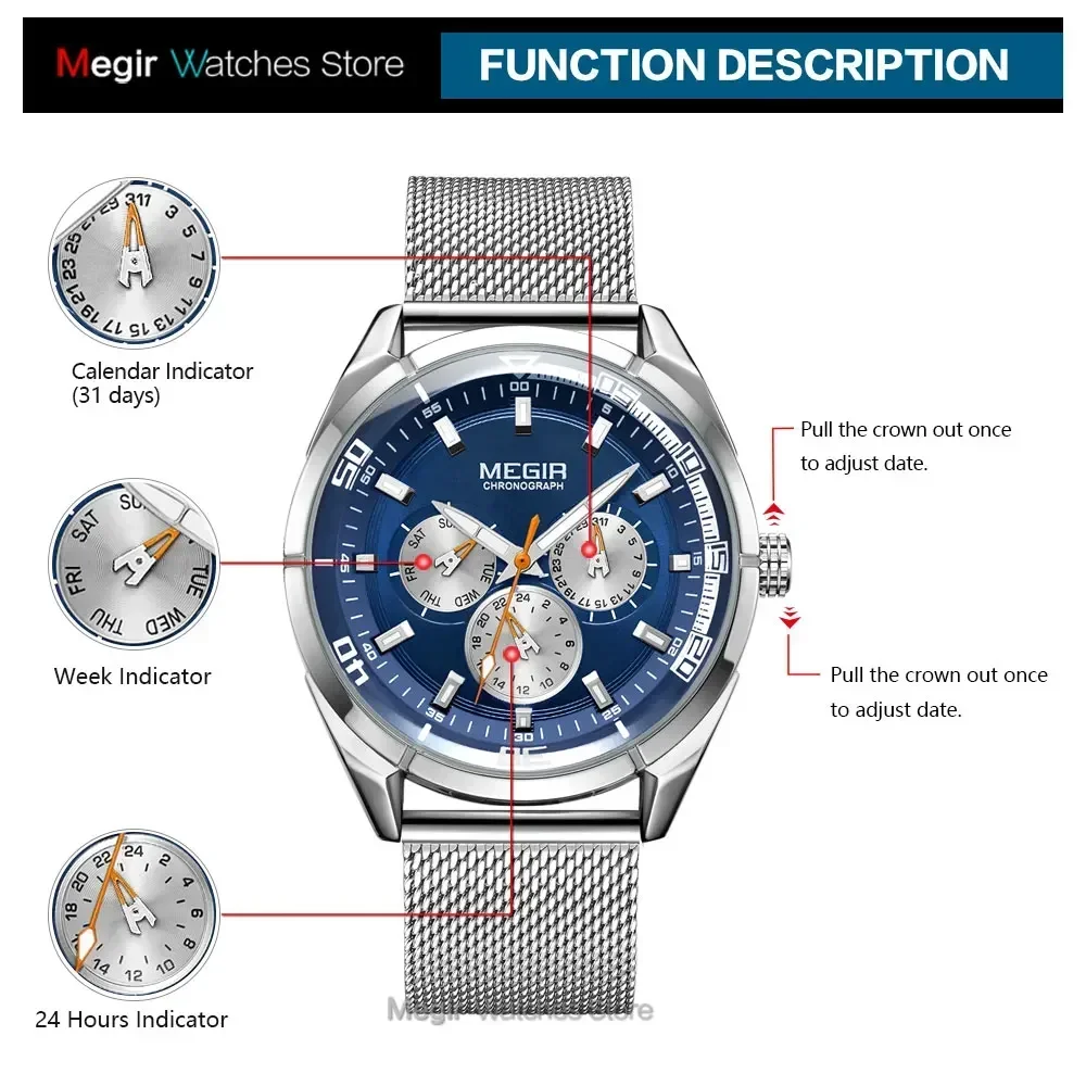 Relojes MEGIR para hombre 2020, marca Tp de lujo, reloj de cuarzo de cuero, relojes de pulsera de moda para hombre, banda de malla, reloj resistente al agua con fecha y semana