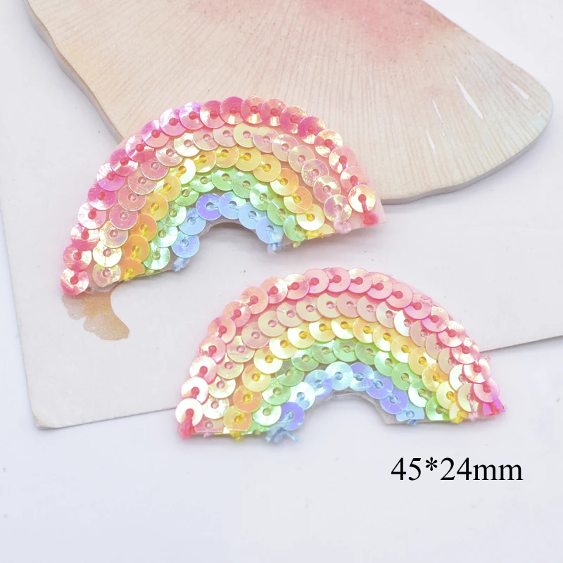 10 Pz 45*24mm Imbottito Kawaii Paillettes Arcobaleno Applique per Copricapi FAI DA TE Pinze Arco Accessori Vestiti Cappello Toppe E Stemmi Per