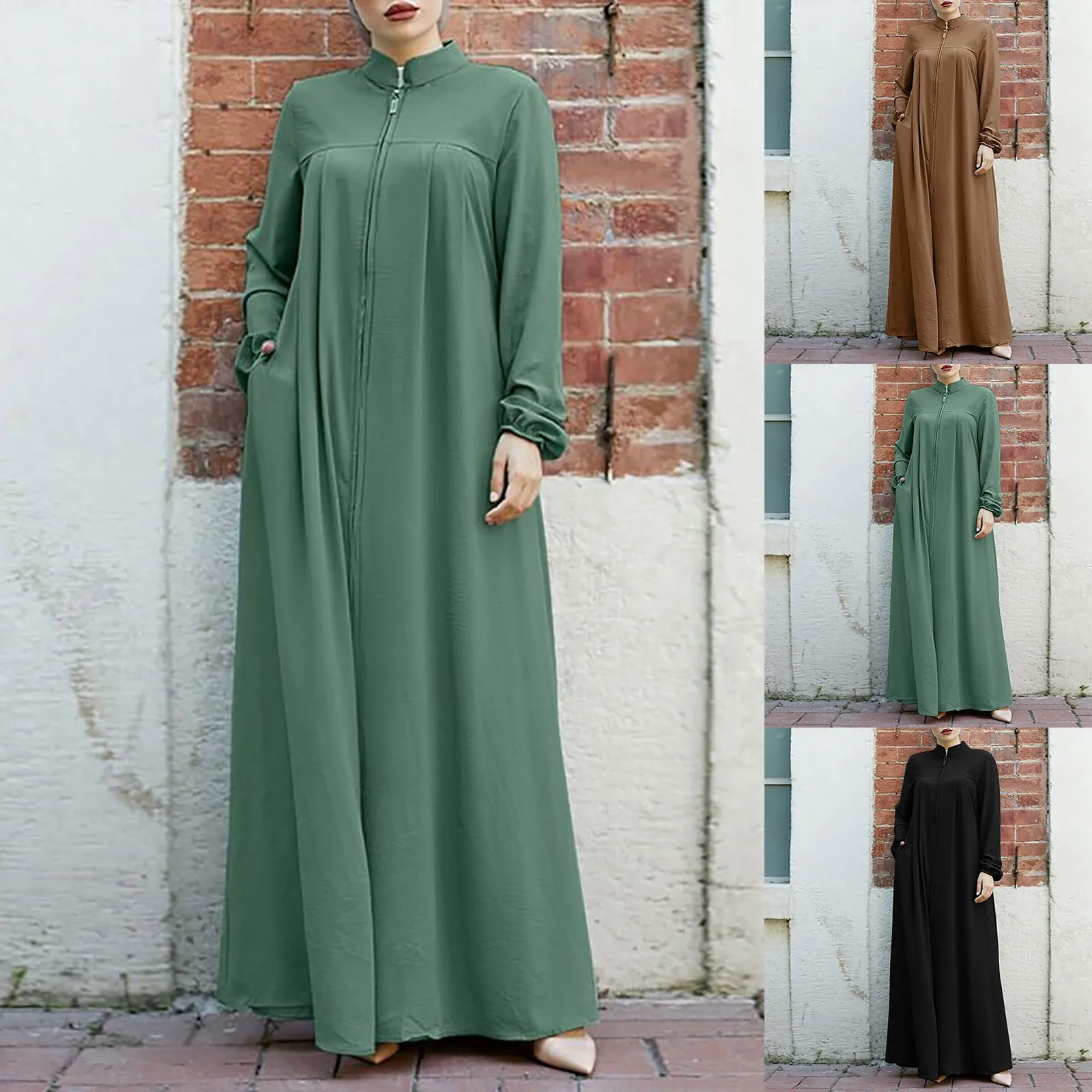 

Women Long Sleeve Muslim Dress Eid Casual Stand Collar Abaya Caftan Kaftan Dresses Ramadan Abayas Vestido Zipper Robe