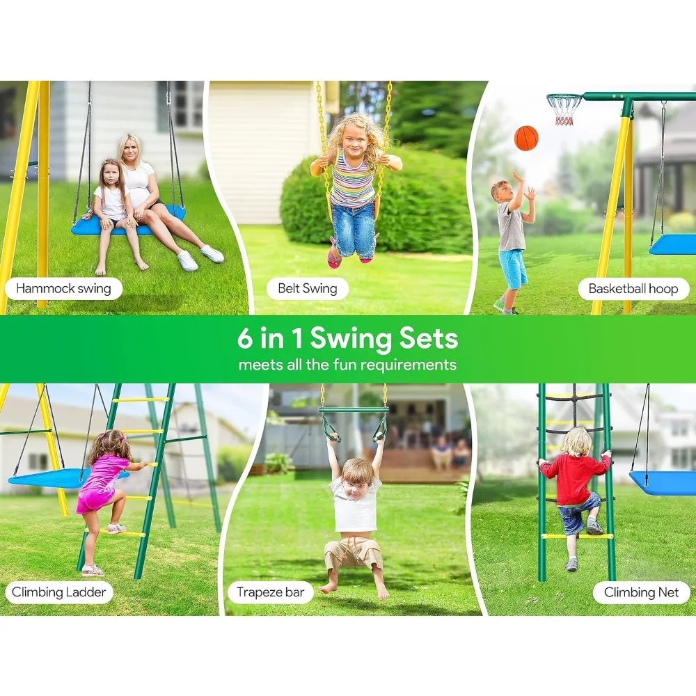 مجموعة أرجوحة 6 في 1 للفناء الخلفي، مجموعة ألعاب معدنية شديدة التحمل للأطفال الصغار في الهواء الطلق، تتضمن طوق كرة السلة، 2 أرجوحة #3