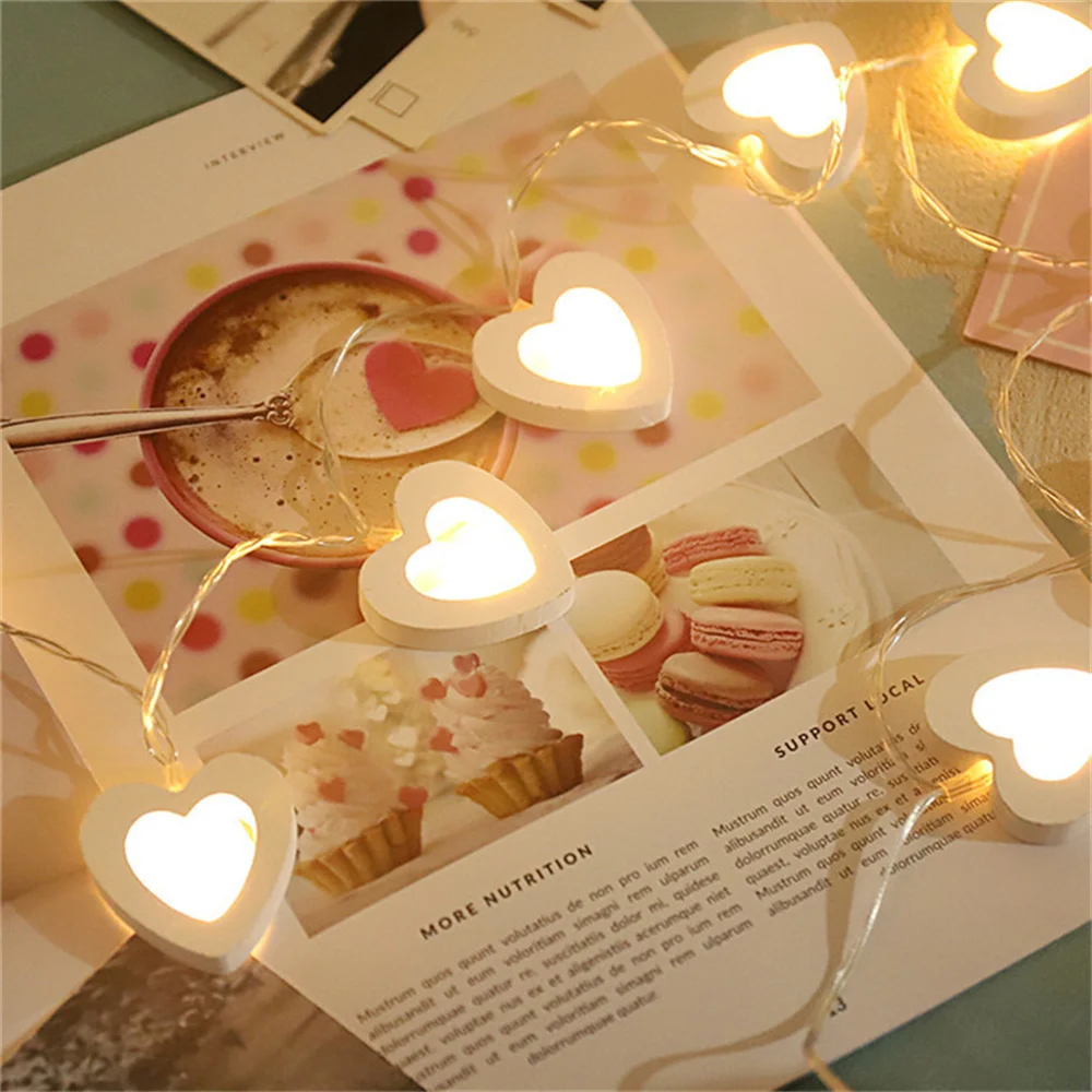 Battery Operated Wood Heart LED String Light Fairy1M 2M Valentine's Day Lamp Festival Party Wedding Decoration Romantic Lights