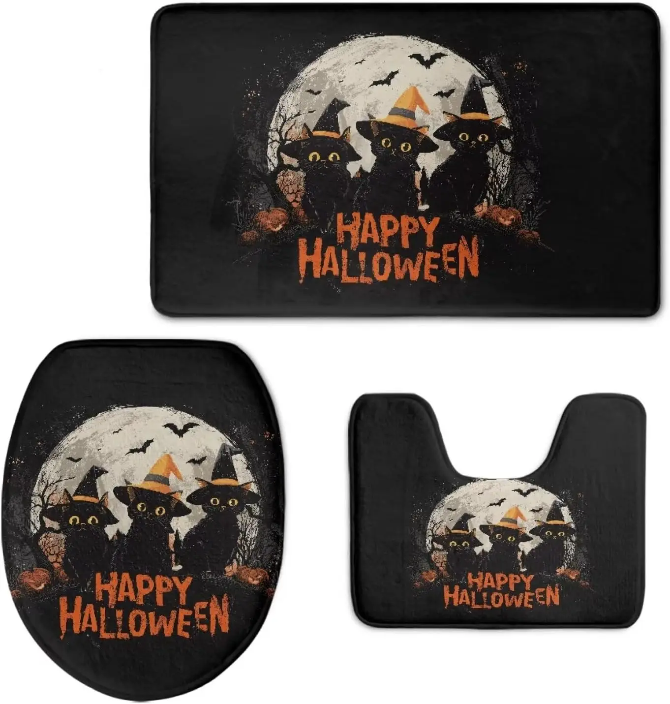 

3 шт., туалетный набор с кошачьей шляпой ведьмы на Хэллоуин, U-образные нескользящие впитывающие коврики, милый моющийся черный тематический домашний декор для вечеринки