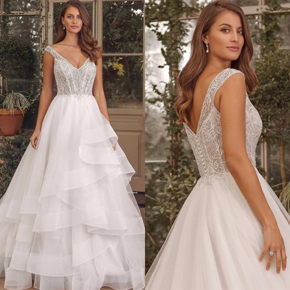 Vestido de casamento de organza branco personalizado, elegante, sem alças, alças espaguete, festa de noiva, botões requintados, costas, vestidos de noiva