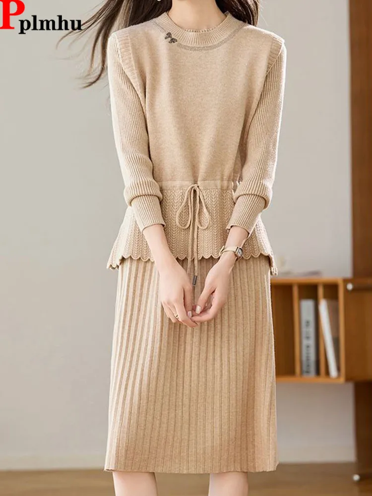 

Осенне-зимний элегантный комплект из 2 предметов, женский вязаный жилет без рукавов с круглым вырезом, топы Conjuntos, корейский модный вязаный свитер, платье, наряд