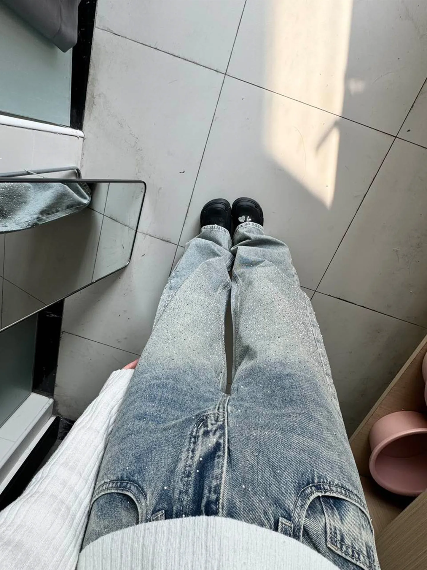 iny Star American Waed Blue Jeans dames wijde pijpen hoge taille casual Sle glinsterende pailletten winter nieuwe losse fit jeans