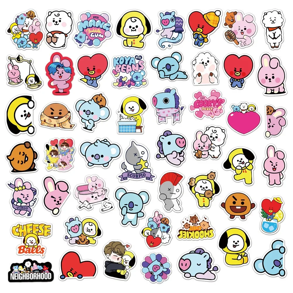 50pcs Cartoon BT21 Kpop Stickers PVC Naklejki Boxes Pegatinas for Motorcycles Phone Suitcase Car Refrigerator Helmet Sticker