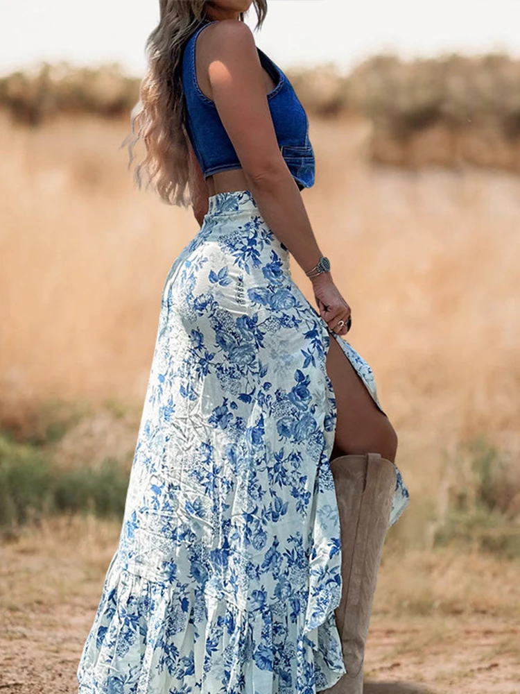 Women's White Blue Floral Maxi Skirt with Ruffled High Slit Bohemian Western Style Ideal for Summer Outings