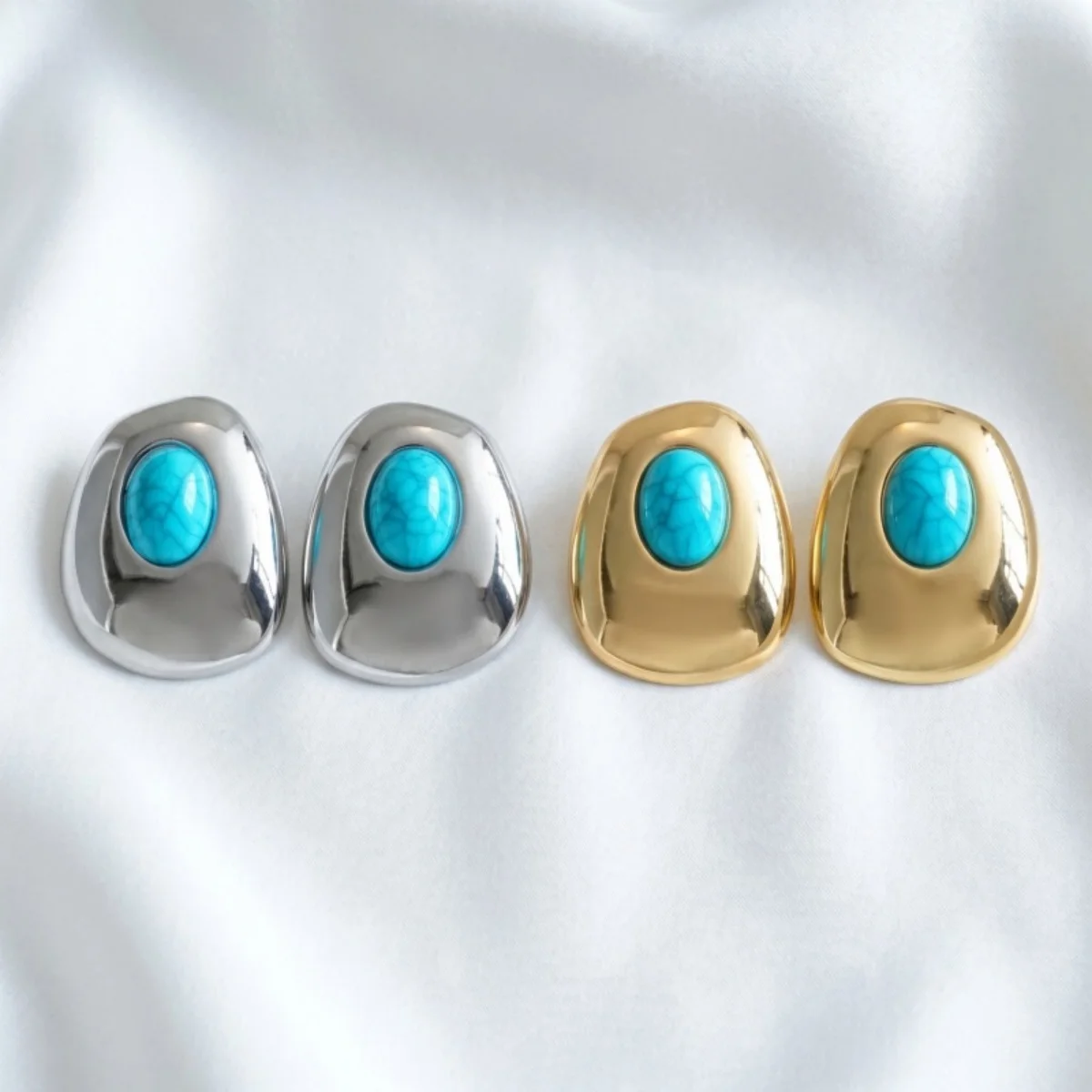 Vintage Imitation Naturstein Unregelmäßiger Rahmen Ohrstecker für Frauen Mode Große Glatte Metall-Ohrringe Punk Party Schmuck – Detail 11
