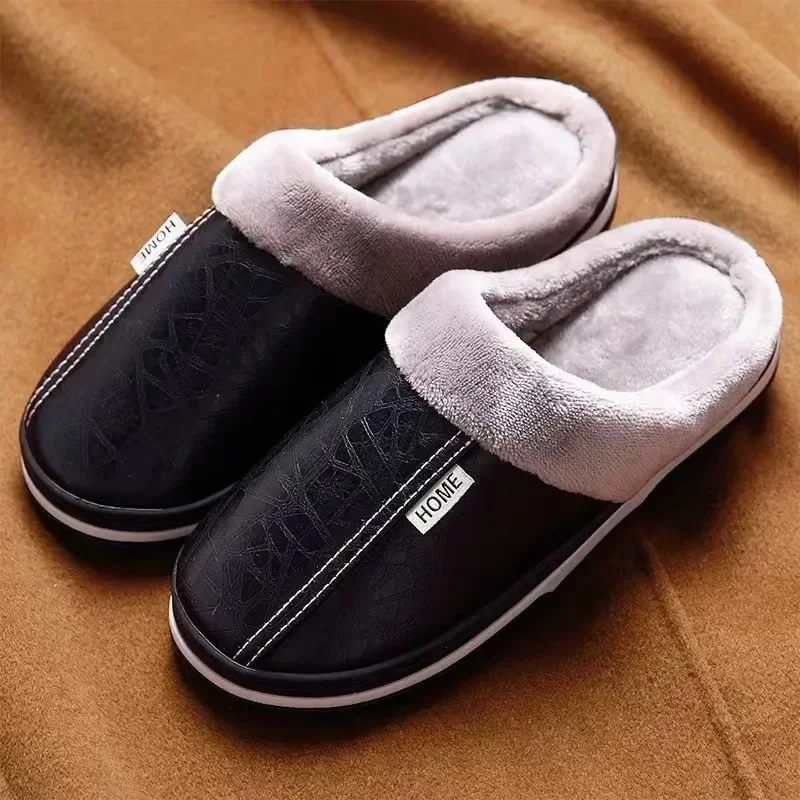 Men‘s Slippers Winter Indoor Women Warm Shoe Fashion Comfortable Waterproof PU Leather Slipper Couple Cotton Flat Shoes 2023 New