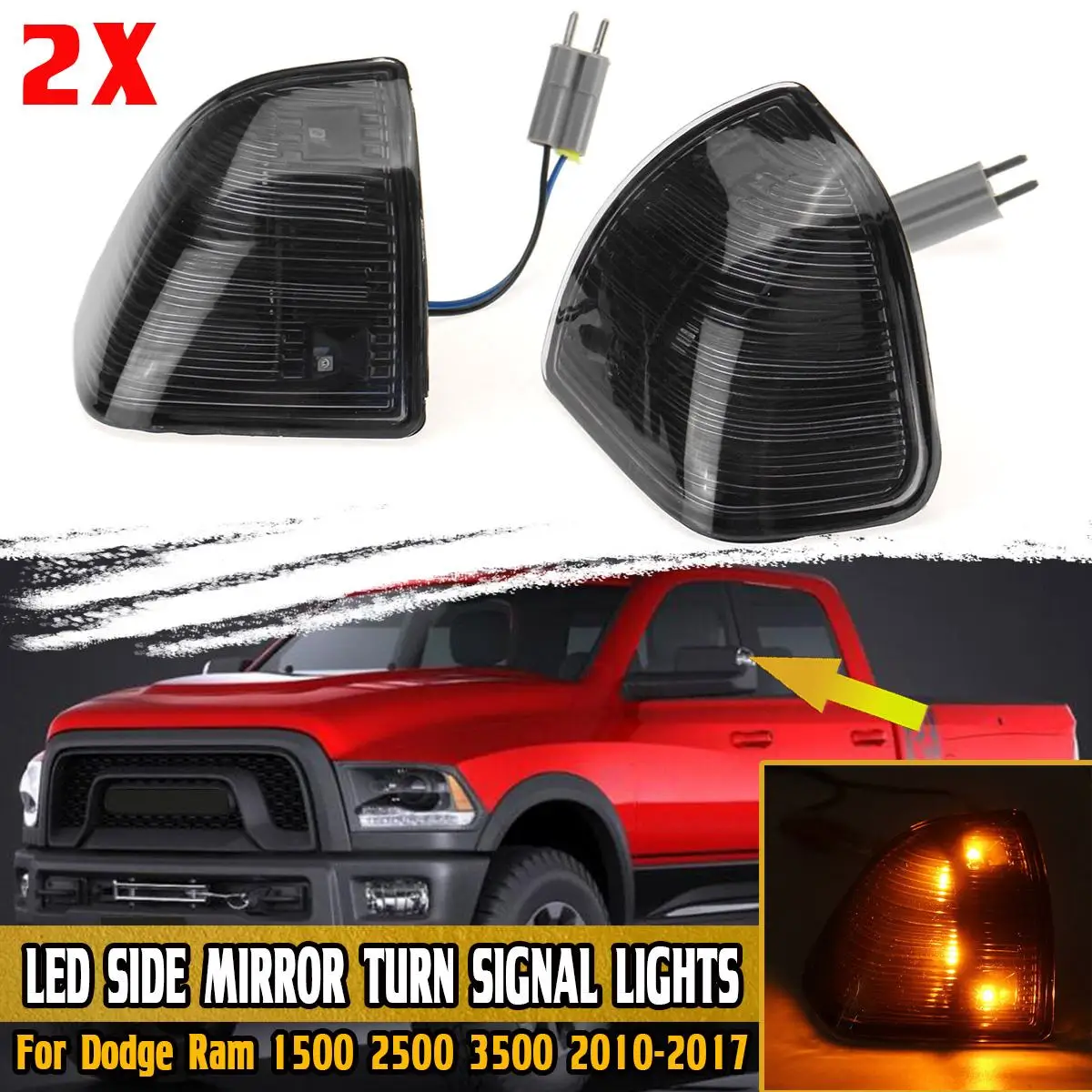 2x Smoked Amber Car LED Side Mirror Turn Signal Lights Marker Lamp LED Lights For Dodge Ram 1500 2500 3500 2010-2017 68302828AA