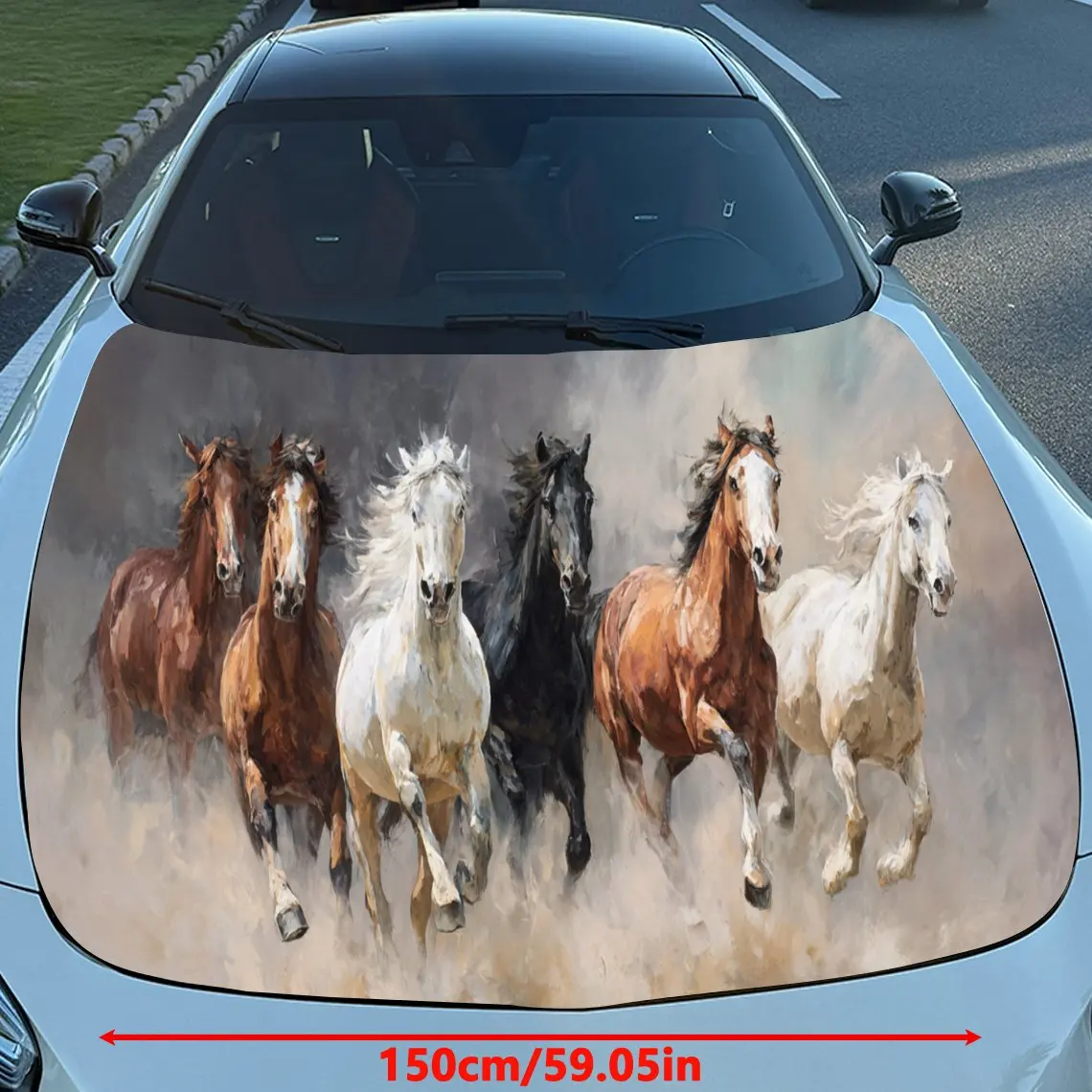 Car Decals Realistic Horses Galloping with Dynamic Motion Effects in an Open Landscape Car Hood Sticker, Waterproof Self - Adhes