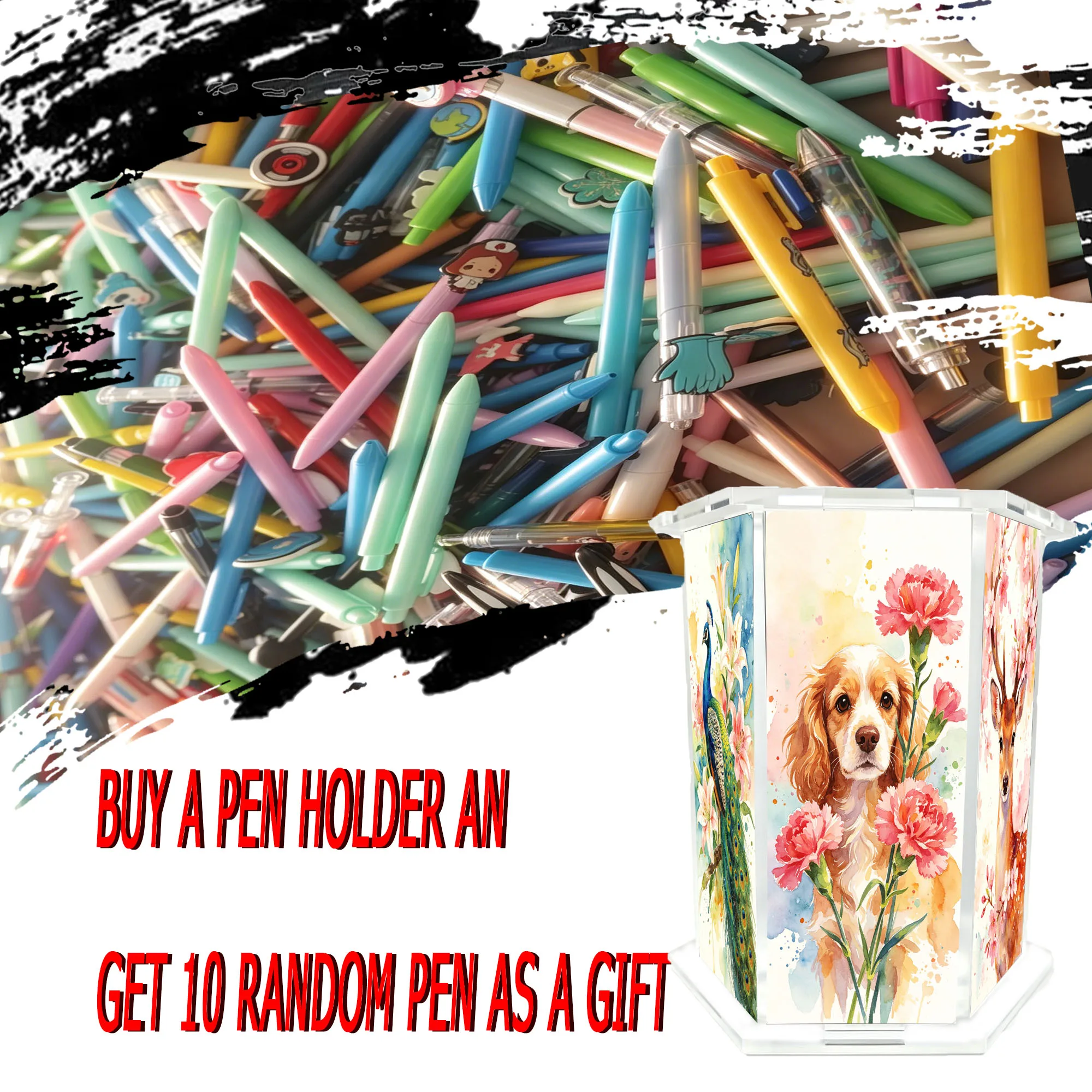 11pcs (1pc pen holder+10pcs random ballpoint pen) Dreamy splash watercolor flower animal theme hexagonal acrylic pen holder