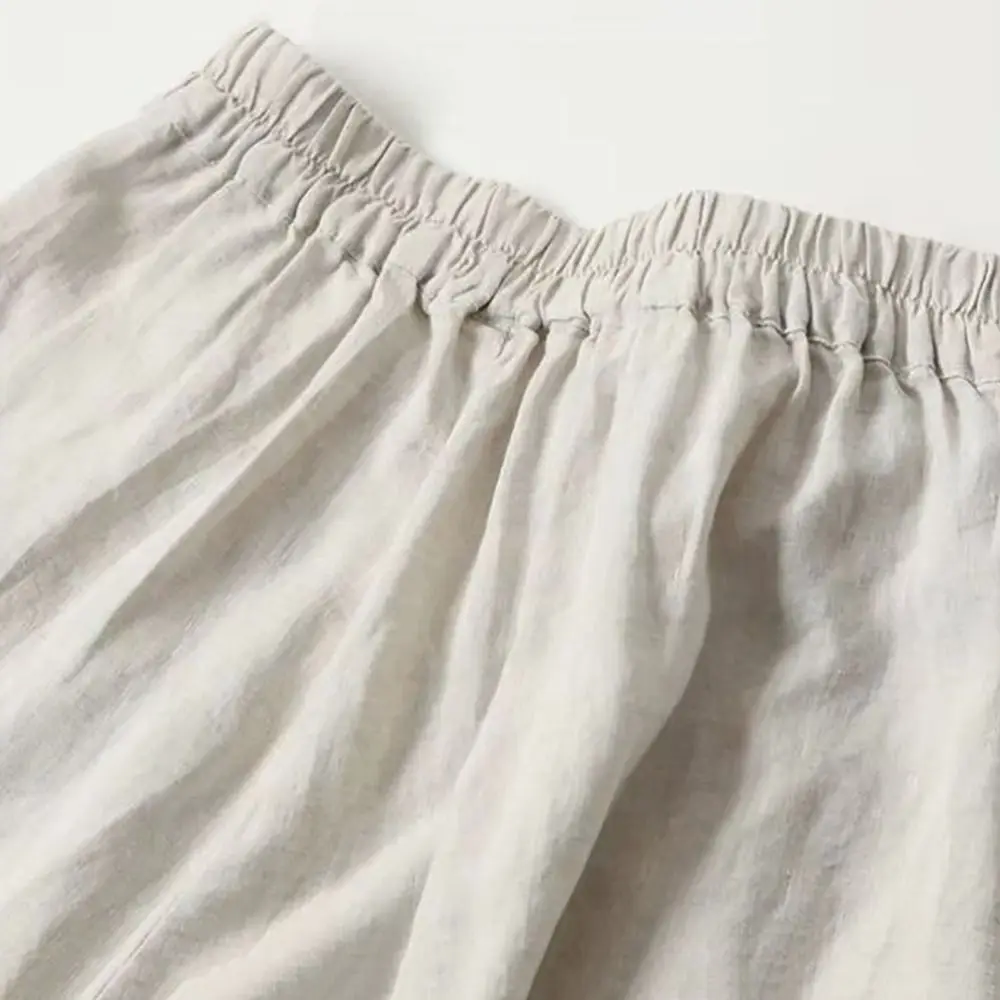 High Waist Wide Leg Pants Loose Fit Lightweight Cropped Pants Elastic Waistband Cotton Linen Fabric Elastic Waist Pants