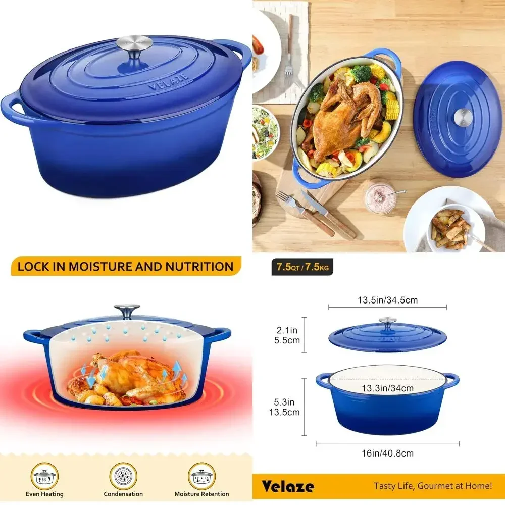 

Blue Enamel Cast Iron Oval Dutch Oven, 7.5 QT, Dual Handle, Non-stick Coating for Baking, Cooking, and Frying