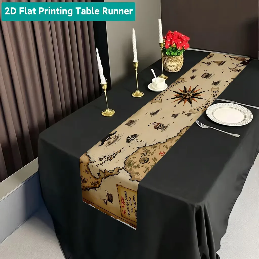Vintage Pirate Treasure Map Table Runner, 2D Flat Printed Nautical Decor for Home Kitchen Dining Table Setting