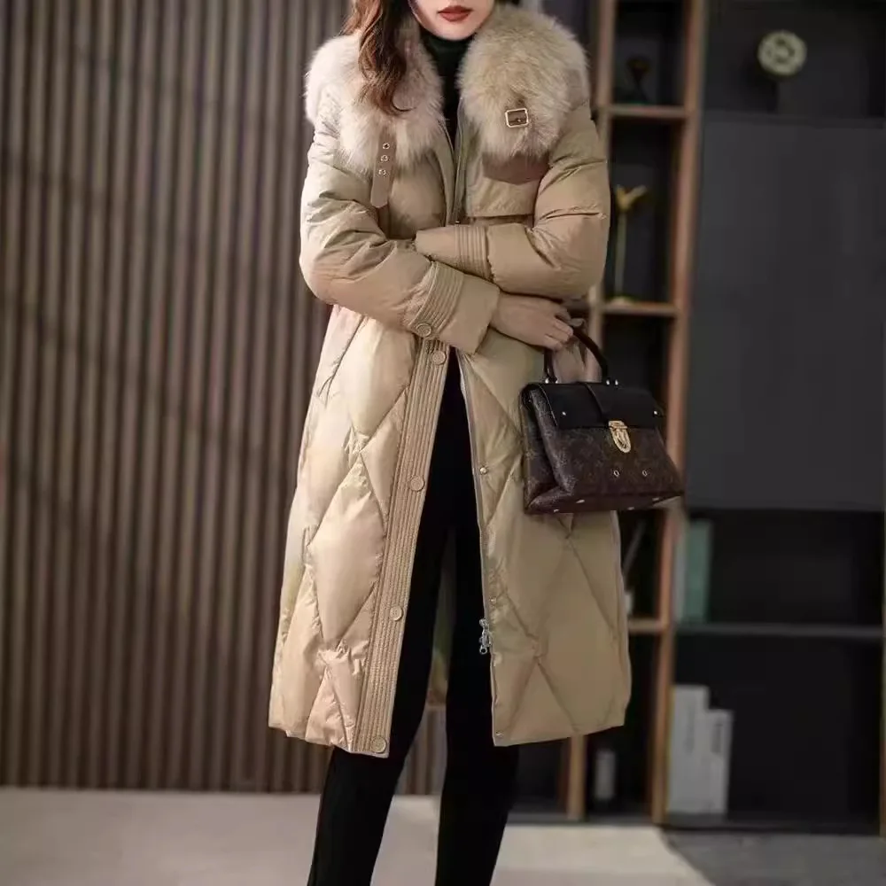 

Large fur collar down jacket women's winter new fashion foreign style mid-length thickened waist jacket