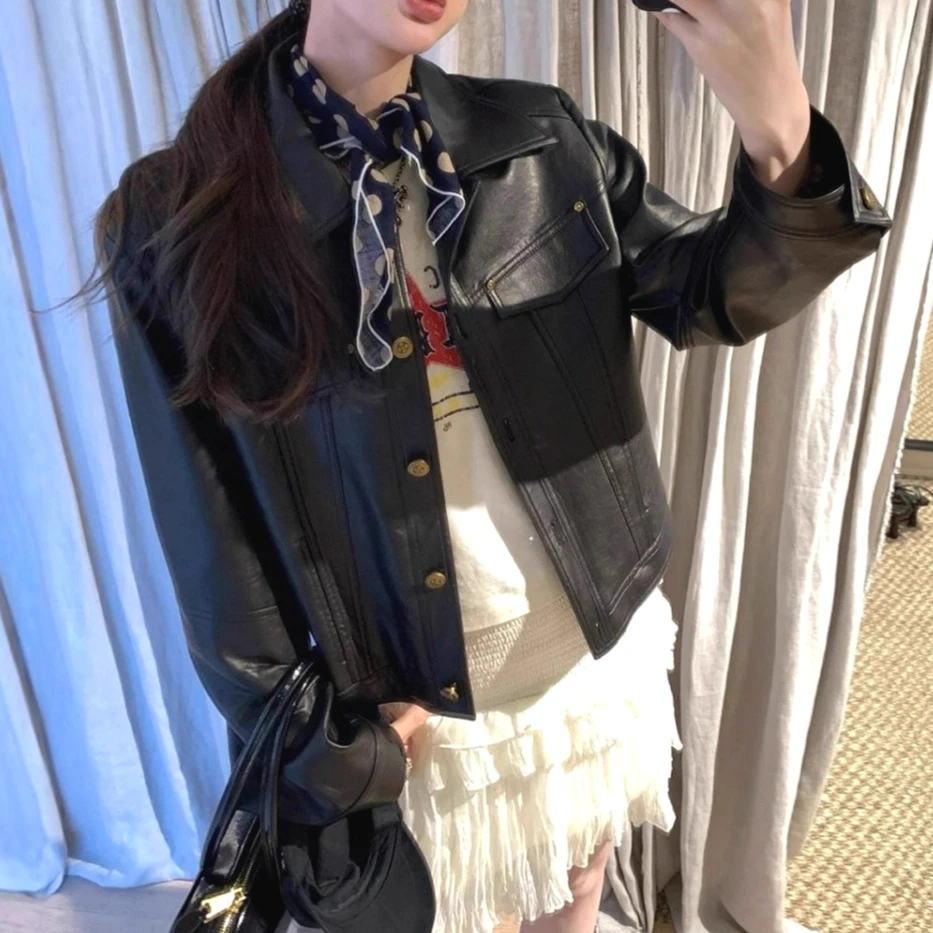 

Women Short Coats Faux Leather Jackets Pu Coat Work Y2k Streetwear Jacket Zipper Turn Down Collar Slim Fit Outerwear Spring 2026