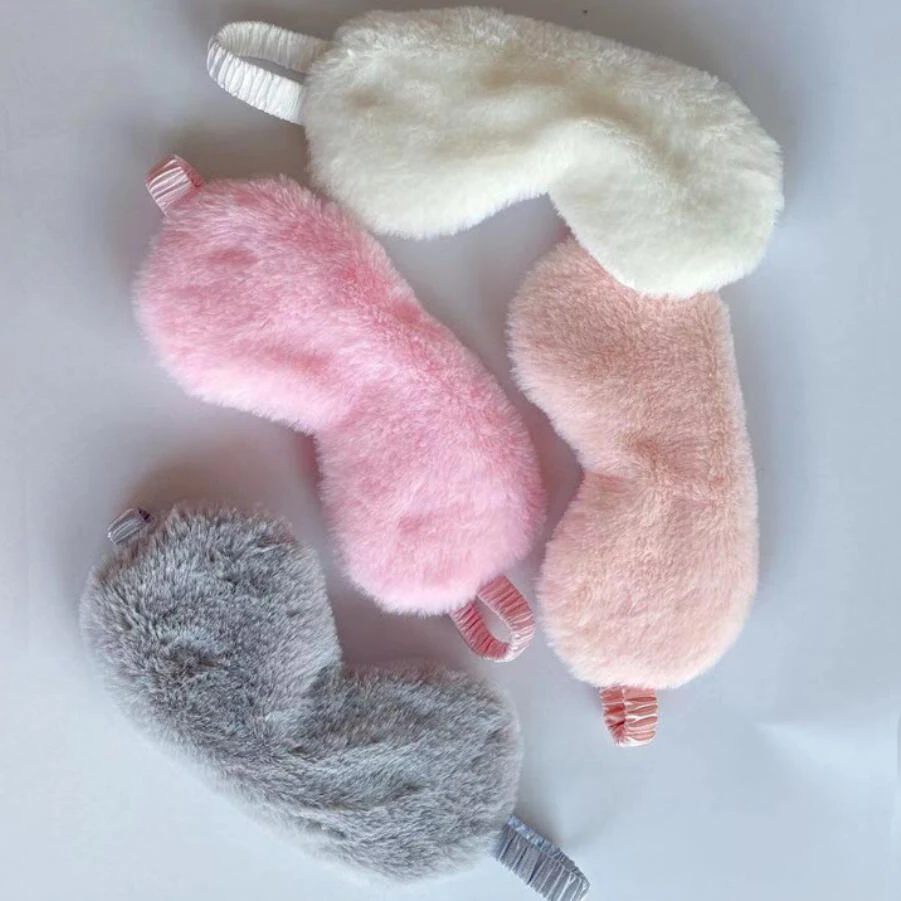 Cute Soft Faux Rabbit Fur Sleeping Eye Mask Comfortable Light Block Plush Eyepatch Blindfold for Nap Travel Student Sleep Rest
