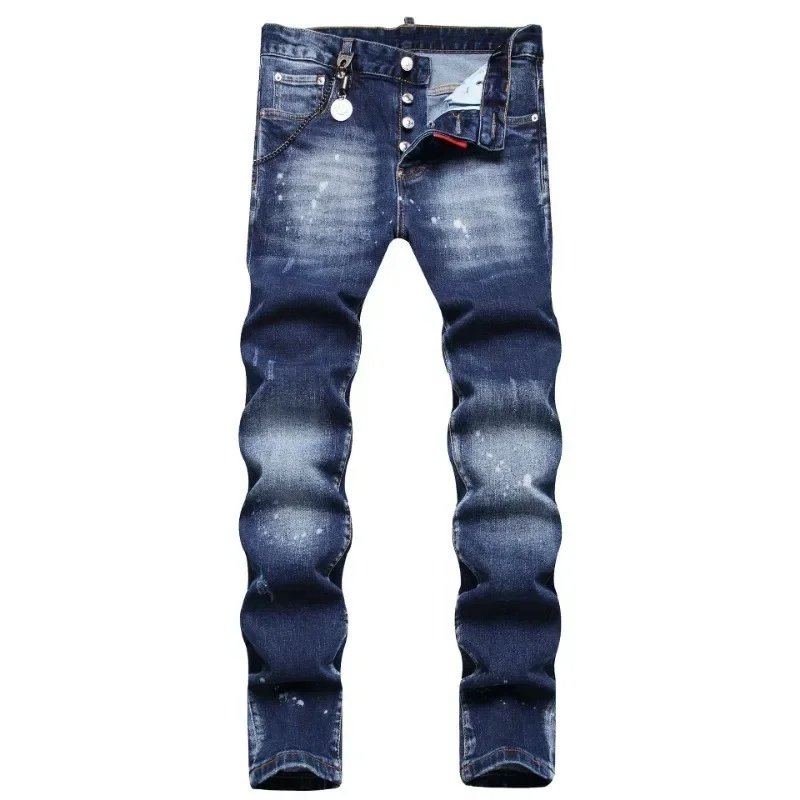 

Men Classic Blue Denim Jeans Holes Jeans Pants Italian Style Stretch Denim Pants High Quality Male Slim Denim Trousers Size 42