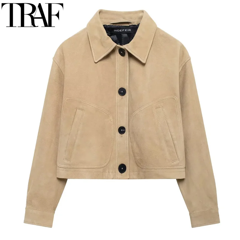 TRAF Outerwears Cropped Suede Jacket Women Autumn Button Short Solid Coats Casual Long Sleeve Demi-Season Jacket New In Coats