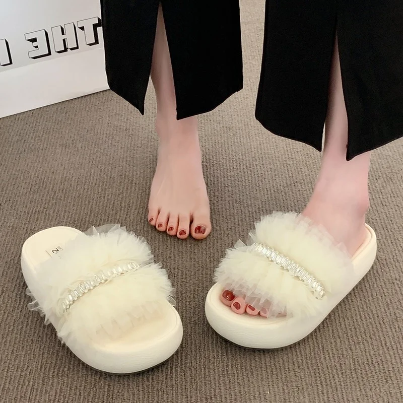 

Fashionable Rhinestone Net Thick Heel Slippers Women's Summer Outdoor Fairy Style Popular Single Strap Sandals