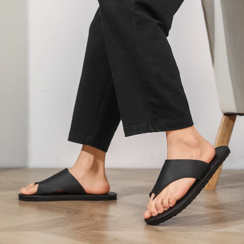 High Quality Mens Slippers Fashion Flip Flops Leather Breathable Sandals Non-slip Casual Footwear Lightweight Clogs Roman Flats - view 6