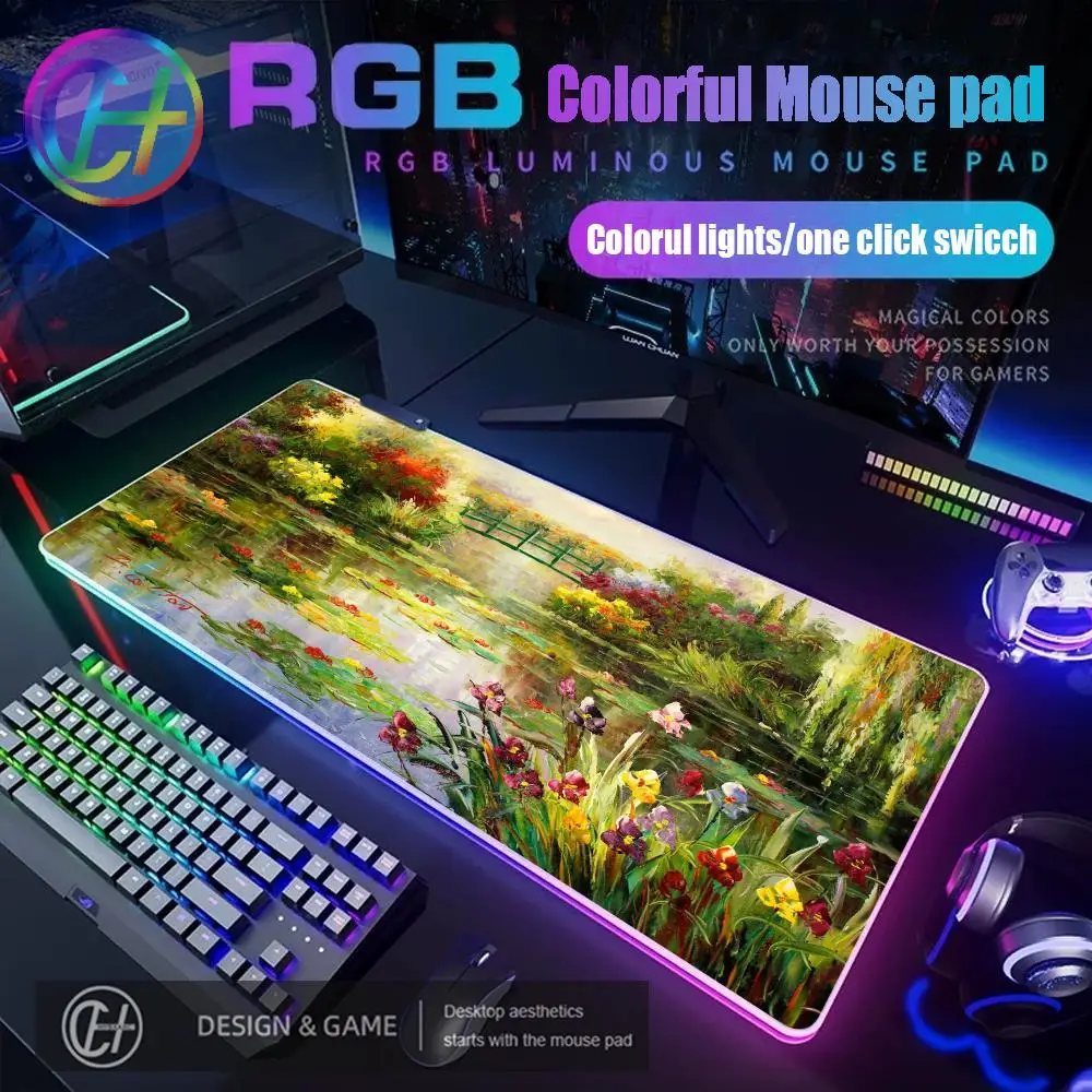 HYBXAXC Claude Monet Art Natural Mouse Pad RGB Gaming Mouse Pad Desk Mat HD Gamer Large LED Light XXL 900x400x4mm Mouse Pad
