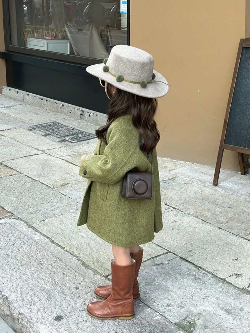 معطف تويد مريح للفتيات للخريف والشتاء على الطراز الكوري الجديد لعام 2025 مع ياقة مكشكشة معطف شتوي متوسط الطول للأطفال متوسط الطول #3