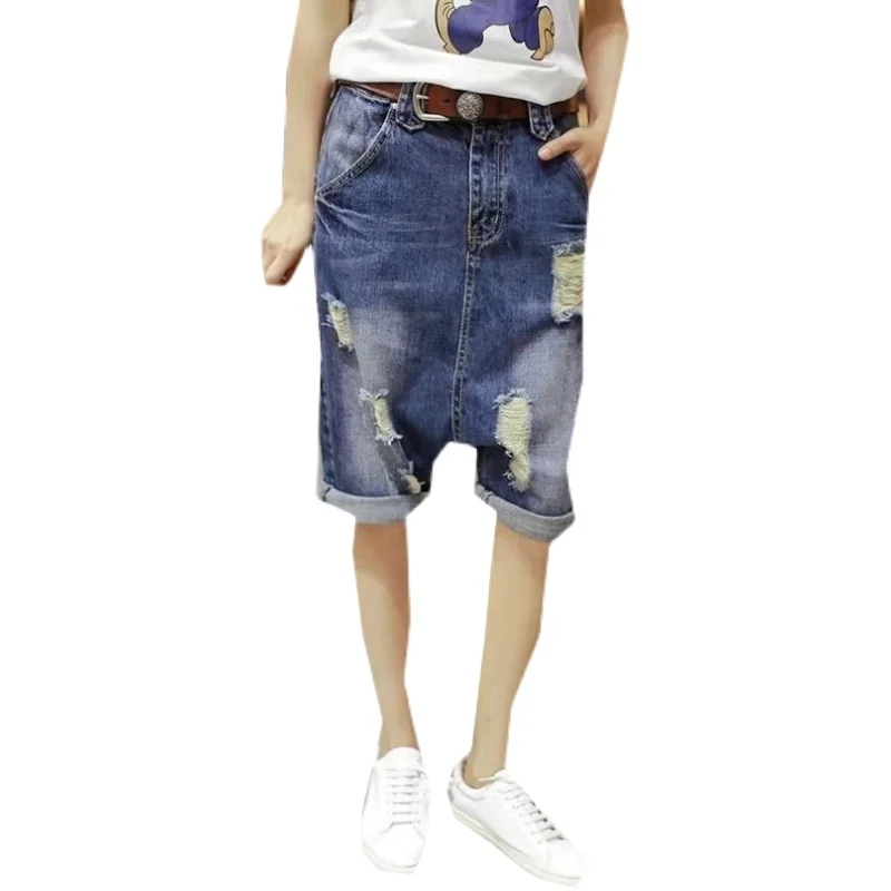 Denim-Shorts für Damen, Sommer, dünn geschnitten, zerrissen, großer Schritt, Haremloose, hängender Schritt, Trend, fünfteilig