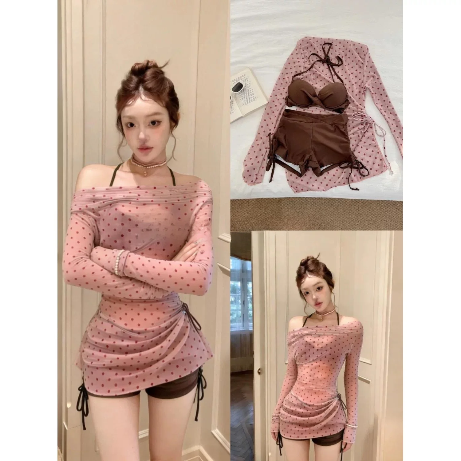 

Купальник-бикини в горошек с открытыми плечами, комплект из двух предметов, утягивающий, для отпуска, из шифона, для горячих источников, женский, сексуальный, раздельный купальник