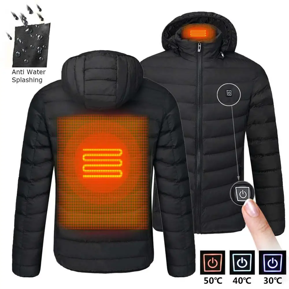 Nice NWE Men Winter Warm USB Heating Jackets Smart Thermostat Pure Color Hooded Heated Clothing Waterproof  Warm Jackets