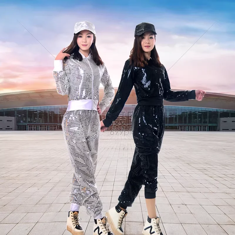 

Современный костюм для танцев в стиле хип-хоп с пайетками для девушек и женщин: топ и брюки, одежда для выступлений на вечеринках, джазовый танцевальный костюм для взрослых.