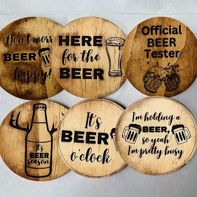 

6 sets of English pattern art painted wooden anti-slip coasters, suitable for decoration of living room kitchenware