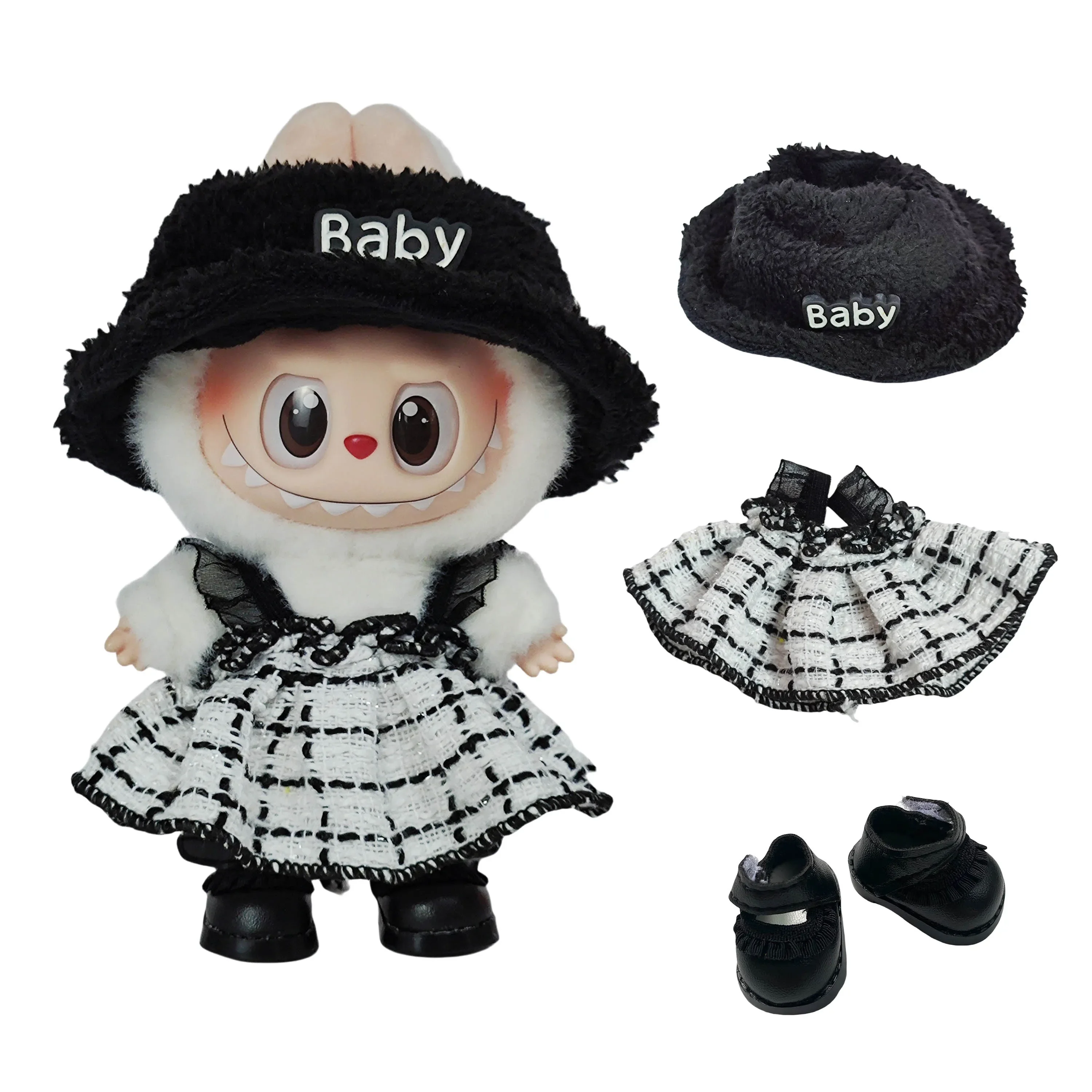 Clothes for Labubu   Hanging Outfits - Sitting Doll White Patchwork Plaid Pinafore Dress (Chanel-style)