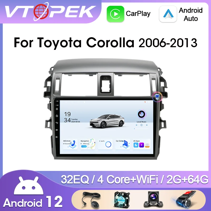 

Vtopek 9'' Android 12 4Core Car Radio For Toyota Corolla 2006 - 2013 Multimedia Video Player Carplay Android Auto 2 Din GPS Navi