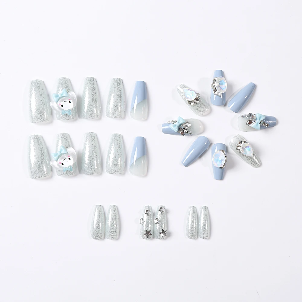 24Pcs/box Cinnamoroll Glitter Press on Nails with Opal Gems Y2K Blue Bow Charms Manicure Patch Fake Nails Detachable False Nails