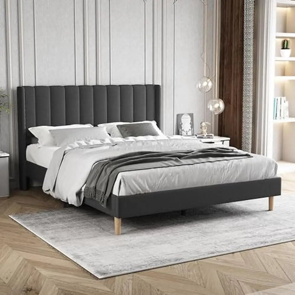 

Queen Size Upholstered Platform Bed Frame with Wing Back Headboard Strong Wooden Slats Support Easy Assembly Black Finish Squeak