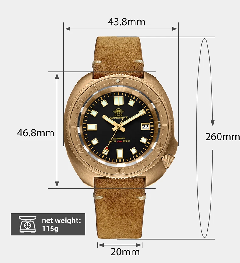 ADDIESDIVE Men Automatic Mechanical Wristwatch CUSN8 Bronze Sapphire Glass Super Luminous 20Bar Diving Watches Relógio Mecanico