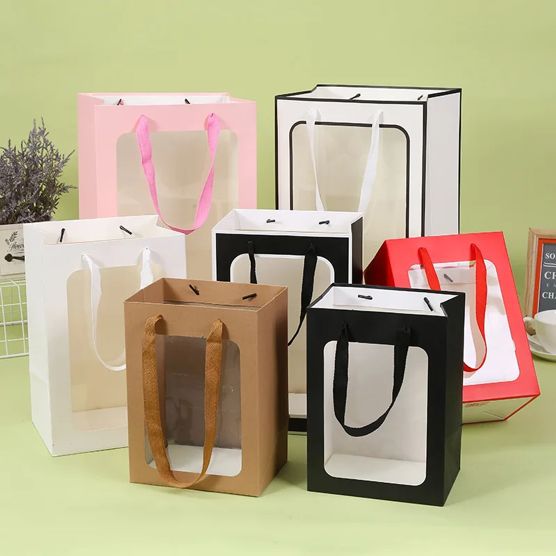 

100Pcs/Lot Multi Color Handle Candy Boxes With Square Shape Pvc Film Window Paper Handle Gifts/Wedding Package Bag Box