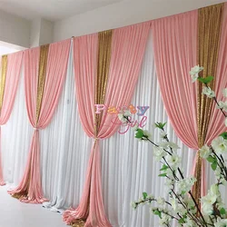 White Color Ice Silk Wedding Backdrop Curtain With Blush Sequin Swag Drapery Stage Background Event Party Decora